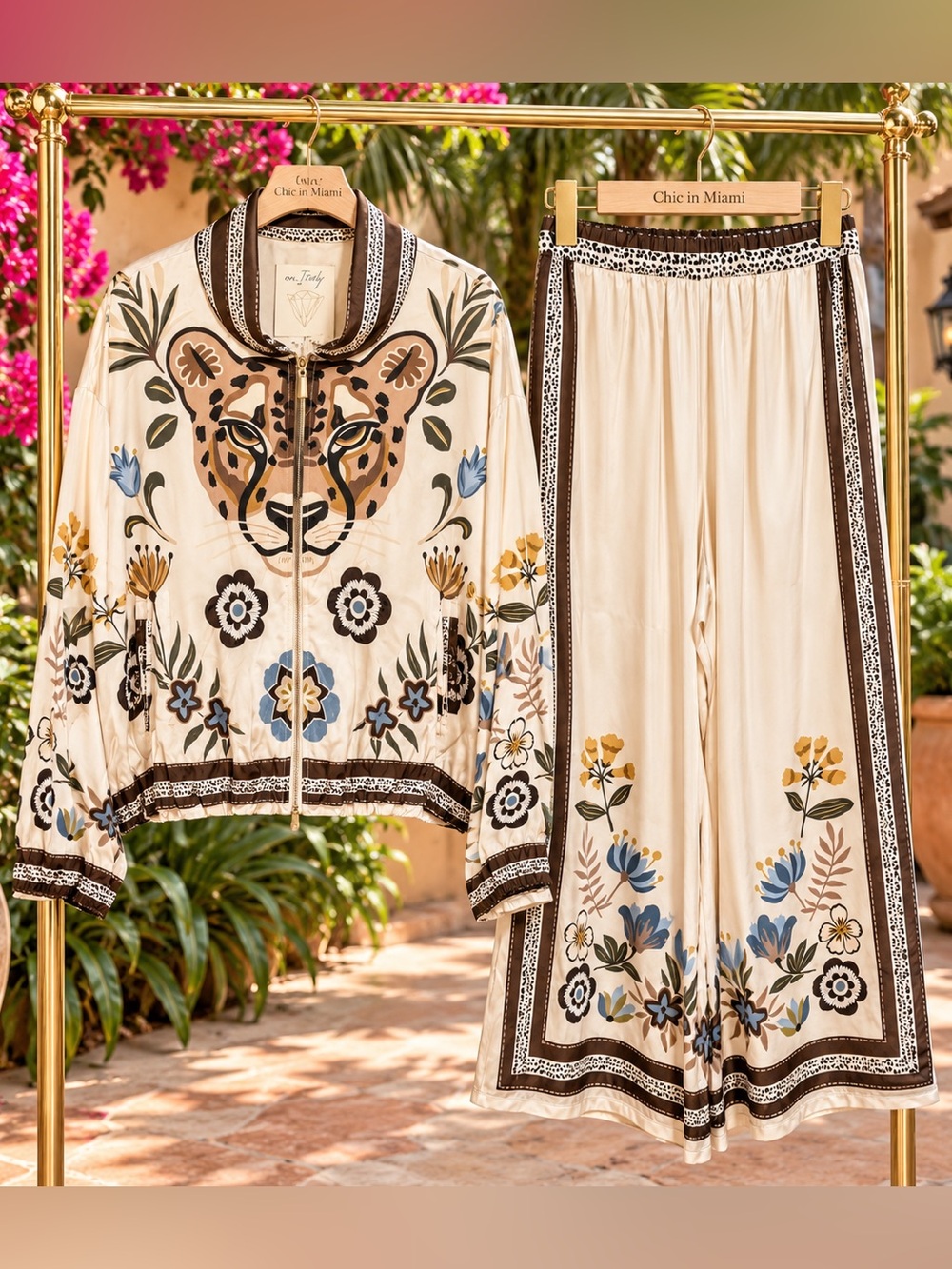 Made in Italy Cream Floral Leopard-Print Satin Jacket & Pants Set OS